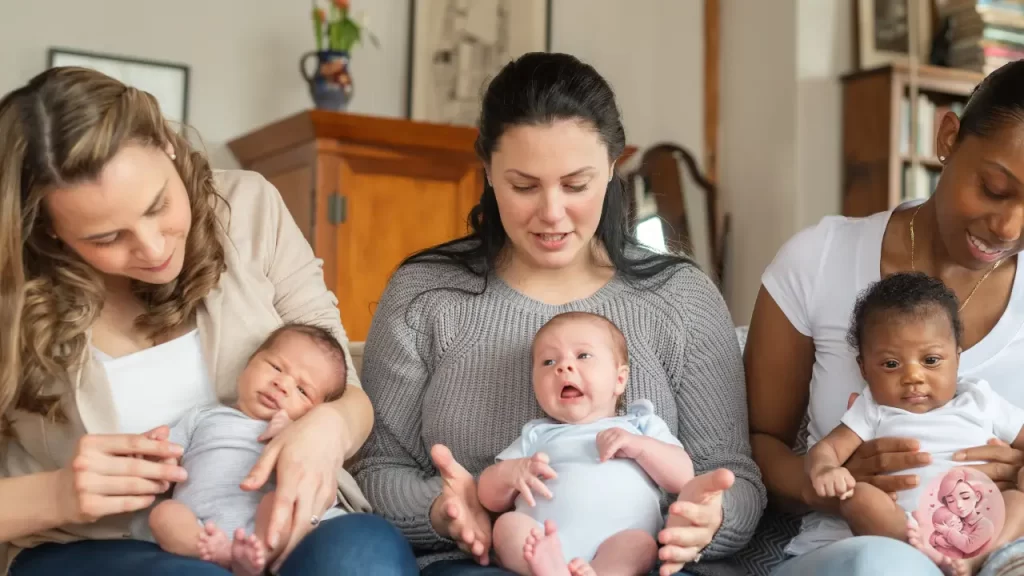 Grupo de mães solo diversas sentadas em roda com seus filhos, trocando experiências e apoio