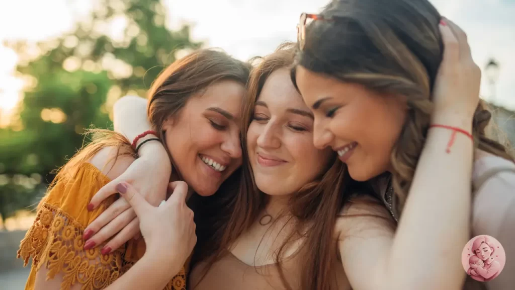 Mãe solo é abraçada por amigas em um momento de acolhimento e apoio emocional
